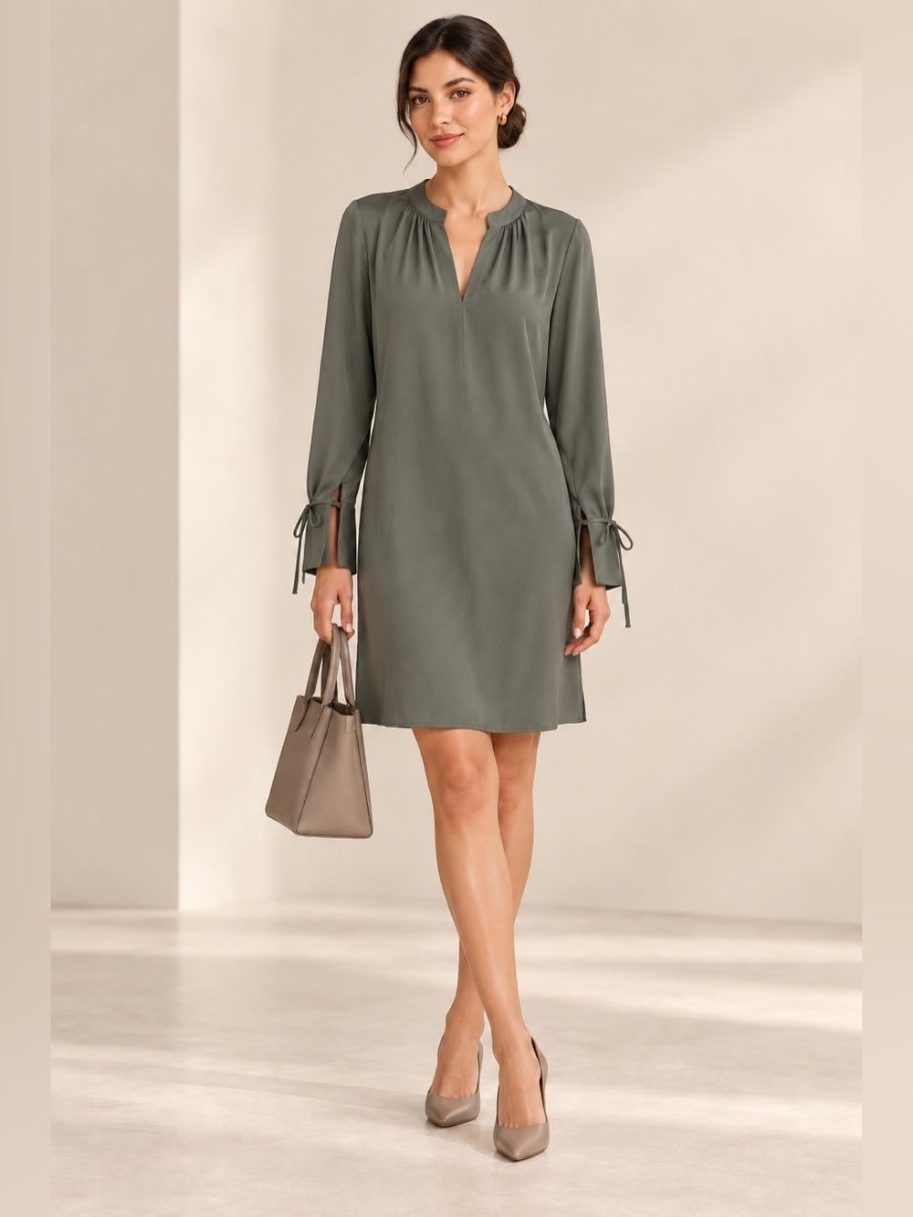 NWT | H & M | Olive Green Satin Tie Cuff Shift Dress - Size Large